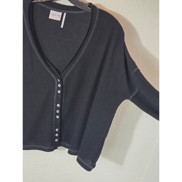 Out From Under Chloe Button Up Lounge Top Med Black Crop Henley Slub Whimsigoth - Picture 9 of 11